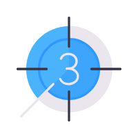 Blue circular countdown timer showing the number 3 with crosshair targeting lines and a light gray background circle