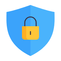 Blue shield with a yellow padlock in the center, representing security and data protection