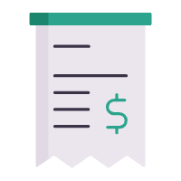 Invoice or receipt document with lines of text and a dollar sign symbol, featuring a green header and banner-style bottom edge
