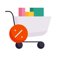 Shopping cart with colorful products stacked inside and a sale price tag badge on the wheel