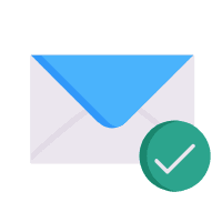 Open envelope with blue letter inside and green checkmark approval icon in bottom right corner
