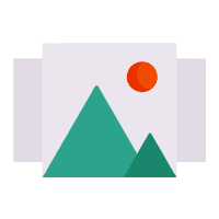 Flat design illustration showing a landscape with teal mountains, an orange sun, and a gray rectangular frame or interface element in the background.