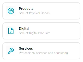 Three product type categories with icons: Products for physical goods sale, Digital for digital products sale, and Services for professional services and consulting
