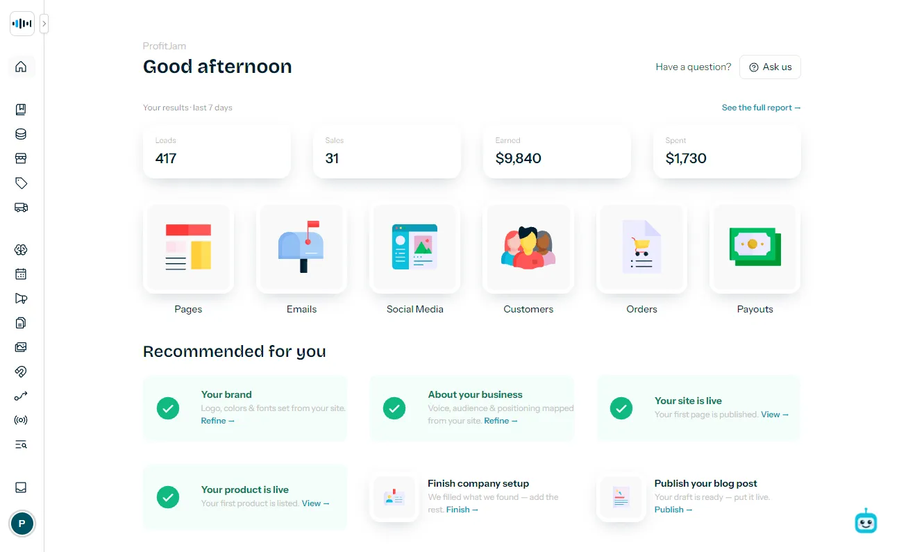 ProfitJam dashboard showing afternoon greeting with performance metrics: 417 loads, 31 sales, $9,840 earned, $1,730 spent. Includes sections for Pages, Emails, Social Media, Customers, Orders, and Payouts with recommended setup tasks.