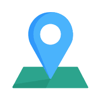 Blue location pin pointer icon positioned above a green square map base, representing a geographic location or destination marker.