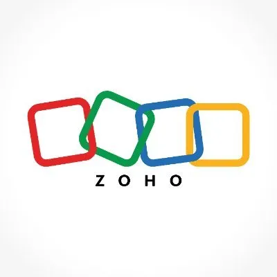 Zoho logo featuring four interlocking colored squares in red, green, blue, and yellow with 'ZOHO' text below