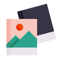 Two overlapping polaroid photos showing a minimalist landscape with a green mountain, orange sun, and pink sky on the front photo, with a dark navy photo layered behind it.