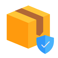 Orange cardboard box with blue security shield featuring a checkmark, representing secure cargo delivery and protected shipments